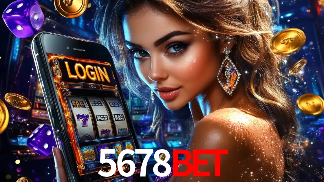 Mulher glamorosa segurando um smartphone com a tela de login para os jogos de caça-níqueis do cassino online 5678bet, com moedas de ouro e dados ao redor.