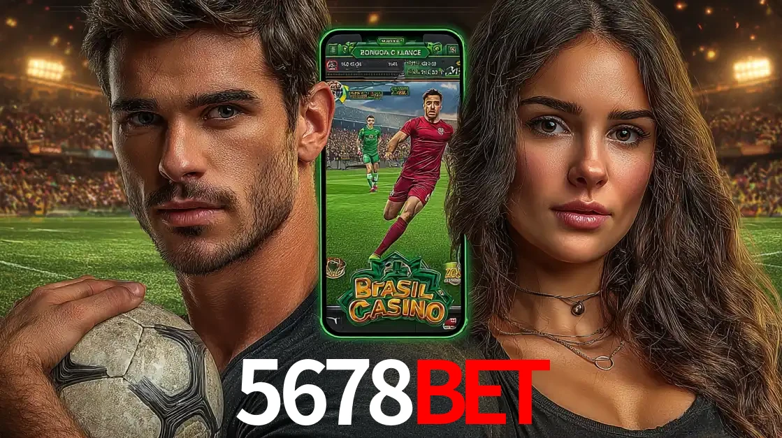 Homem segurando uma bola de futebol e uma mulher ao lado de um smartphone exibindo o jogo de apostas esportivas da 5678bet. Faça seu palpite no cassino online.